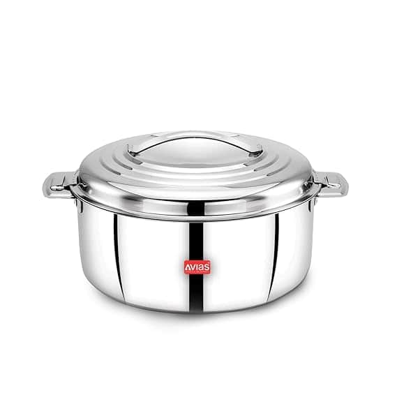 AVIAS Platina Premium 2500 ML Double Wall Insulated Stainless Steel Casserole, Hot Pot for Roti-Rice-Gravy-Curry, Silver Hot Box with Steel Lid, Retains Temperature, Twist Lock