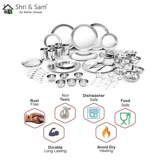 Shri & Sam Stainless Steel Shagun Dinner Set 50 Pcs Set Serves 6 People - Solid